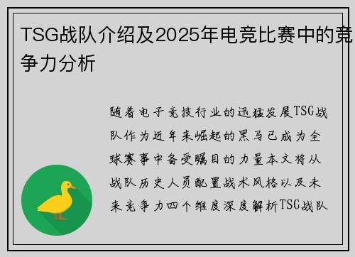 TSG战队介绍及2025年电竞比赛中的竞争力分析