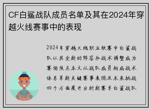 CF白鲨战队成员名单及其在2024年穿越火线赛事中的表现