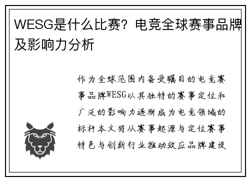 WESG是什么比赛？电竞全球赛事品牌及影响力分析